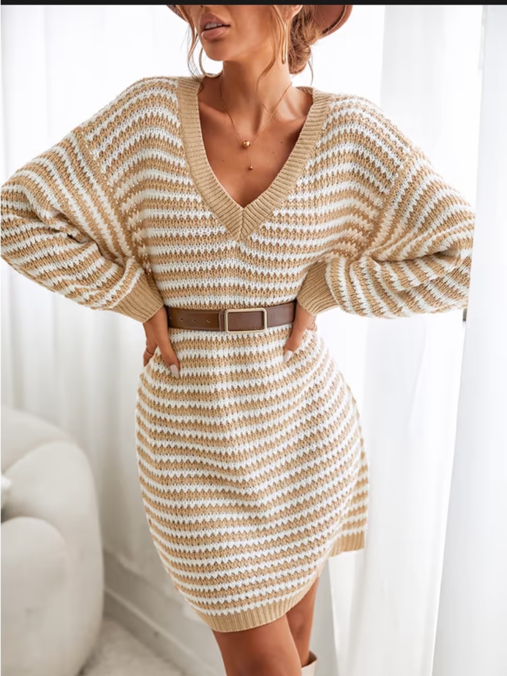 Cupshe Beige and White Striped V-Neck Sweater Mini Dress